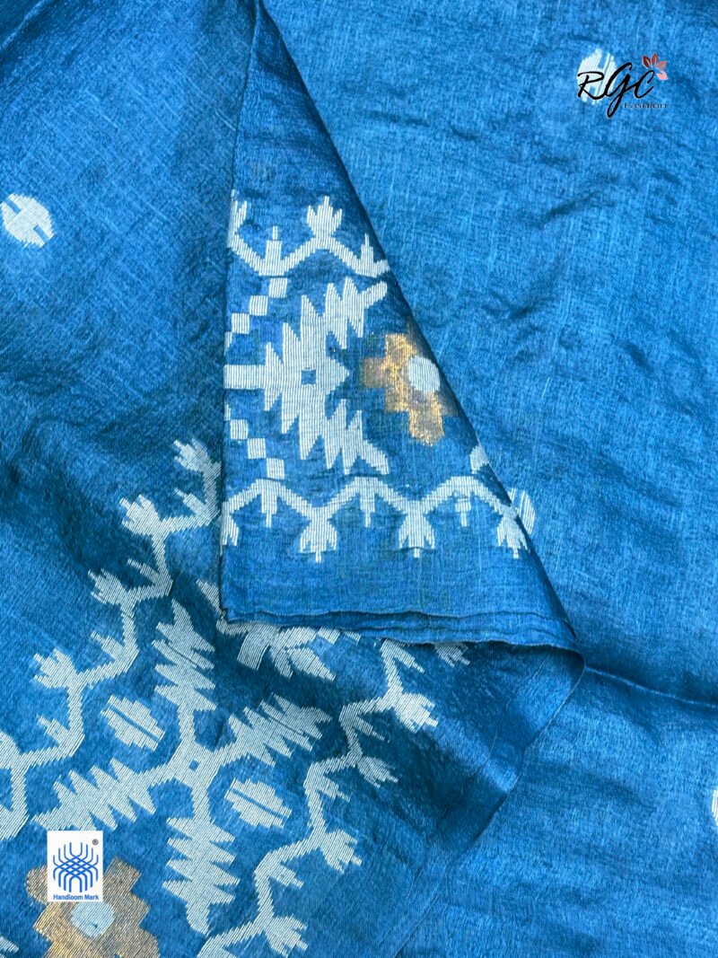 Peacock Blue Pure Gachi Tussar Handloom  Jamdani Saree - Image 6