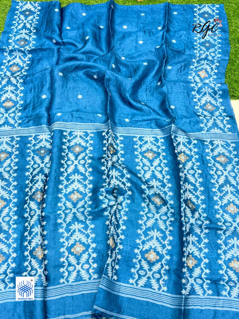 Peacock Blue Pure Gachi Tussar Handloom  Jamdani Saree - Image 7