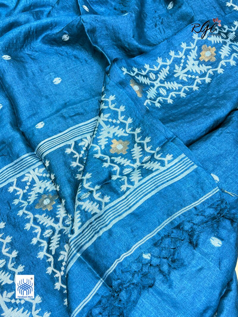 Peacock Blue Pure Gachi Tussar Handloom  Jamdani Saree - Image 8