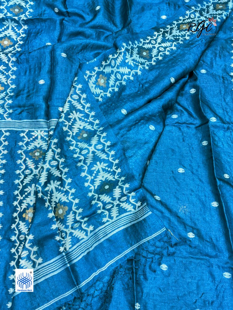 Peacock Blue Pure Gachi Tussar Handloom  Jamdani Saree - Image 9