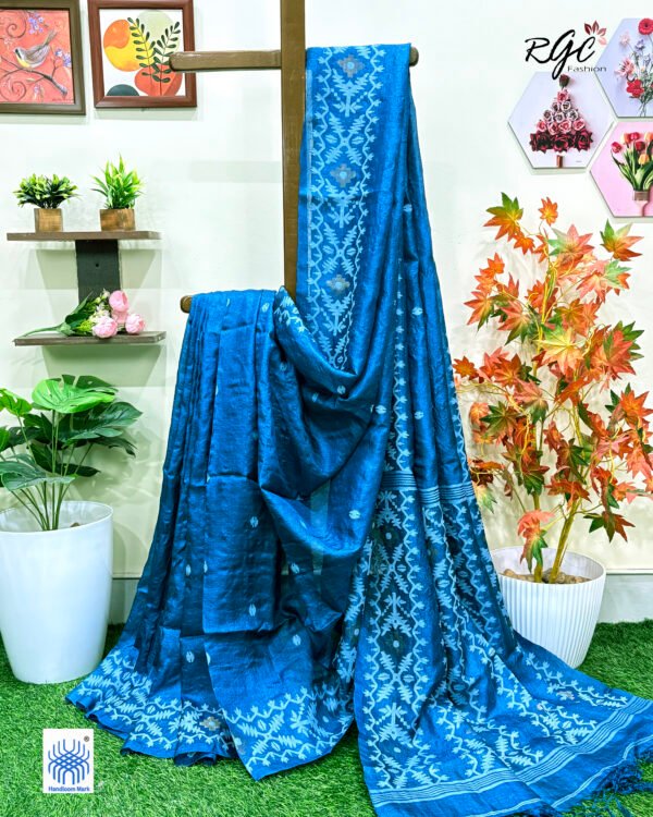 Peacock Blue Pure Gachi Tussar Handloom  Jamdani Saree
