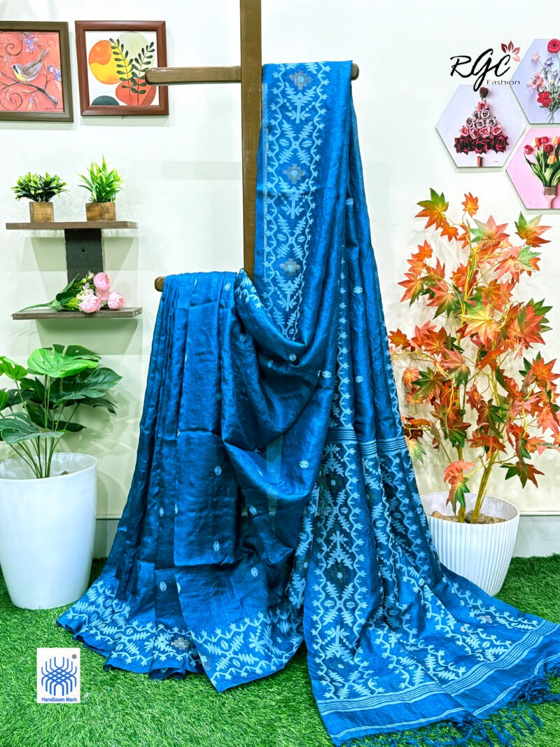 Peacock Blue Pure Gachi Tussar Handloom  Jamdani Saree
