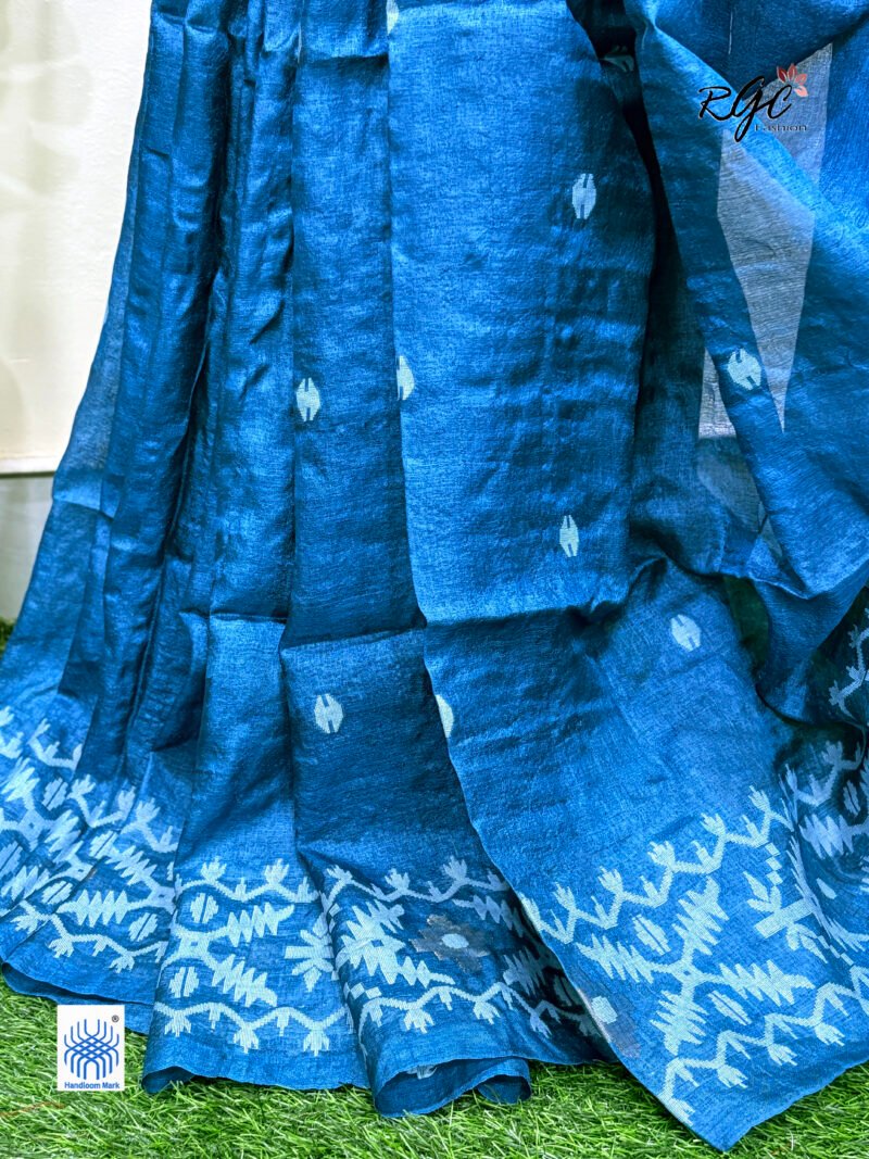 Peacock Blue Pure Gachi Tussar Handloom  Jamdani Saree - Image 4