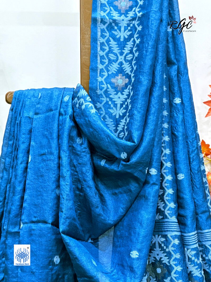 Peacock Blue Pure Gachi Tussar Handloom  Jamdani Saree - Image 3