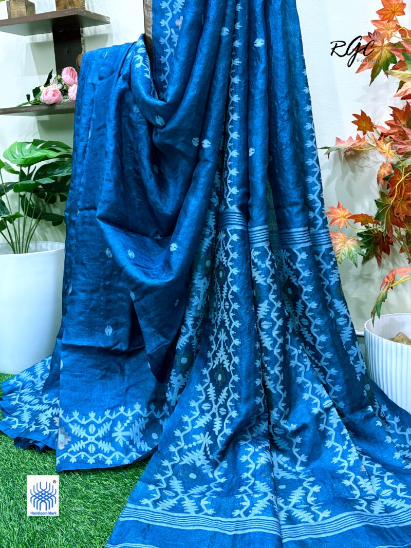 Peacock Blue Pure Gachi Tussar Handloom  Jamdani Saree - Image 2