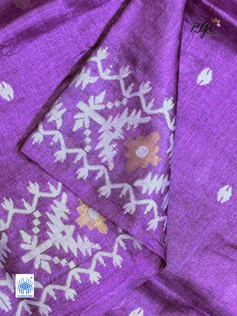 Purple Handloom Pure Gachi Tussar Jamdani Saree - Image 9