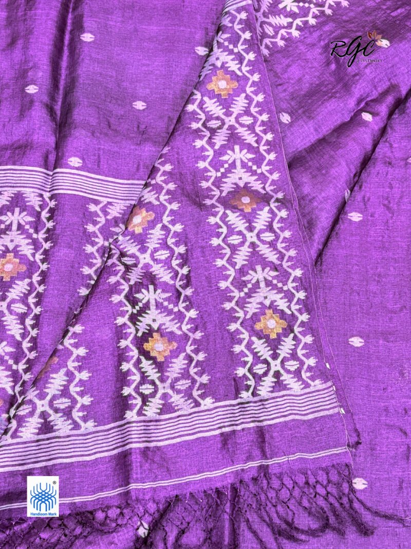 Purple Handloom Pure Gachi Tussar Jamdani Saree - Image 8