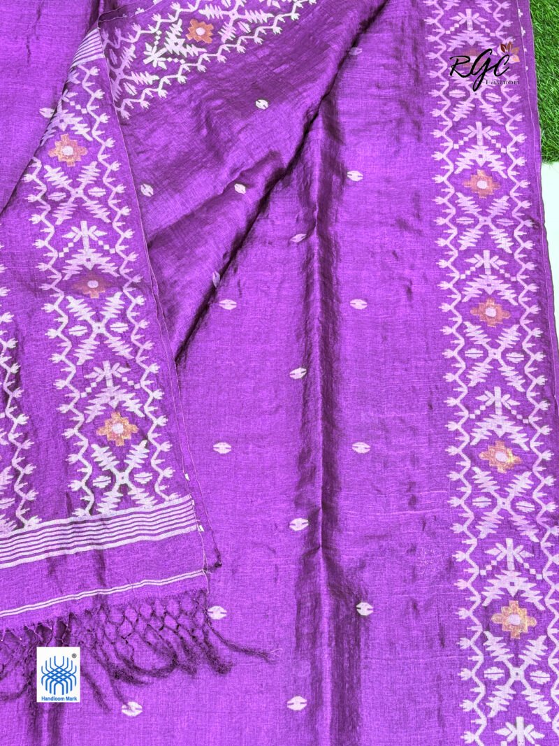 Purple Handloom Pure Gachi Tussar Jamdani Saree - Image 7