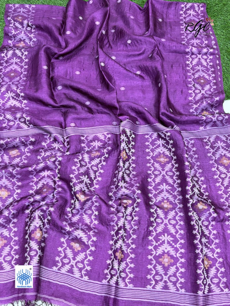 Purple Handloom Pure Gachi Tussar Jamdani Saree - Image 6