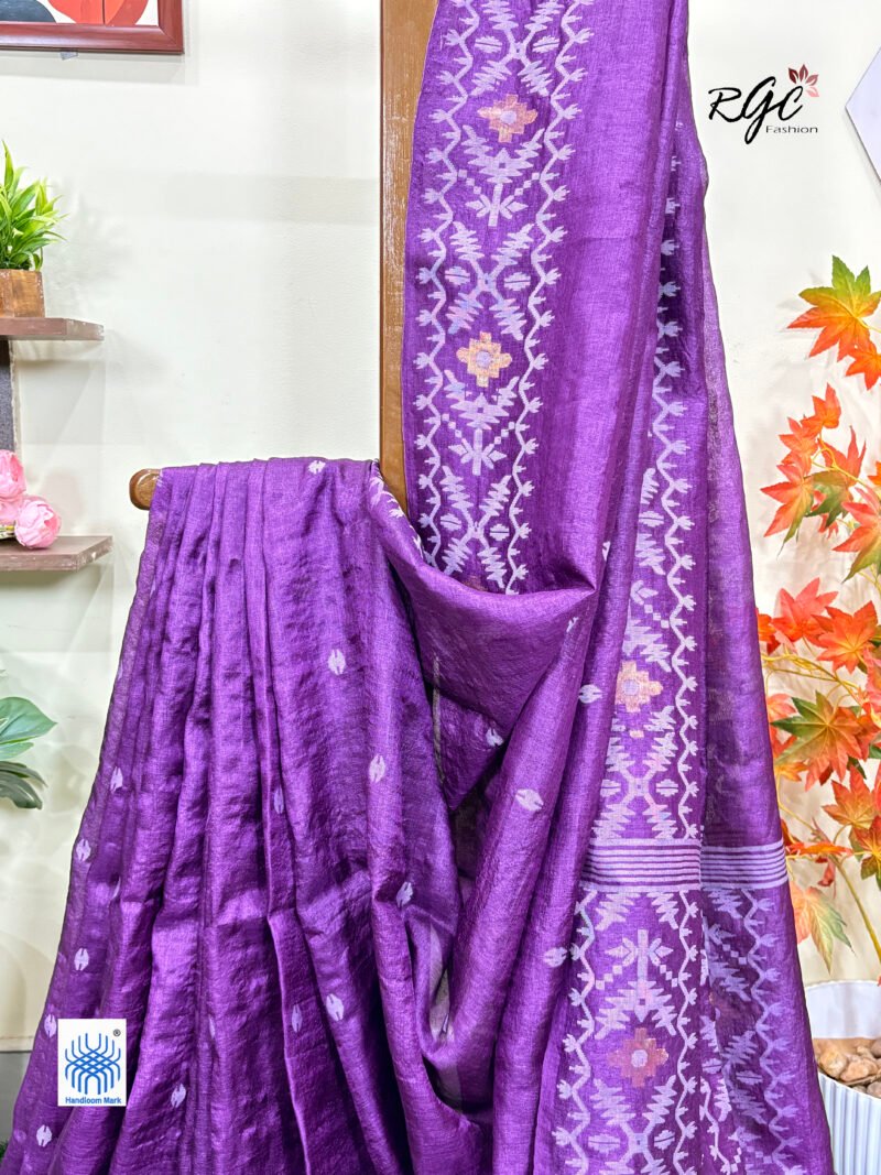 Purple Handloom Pure Gachi Tussar Jamdani Saree - Image 4