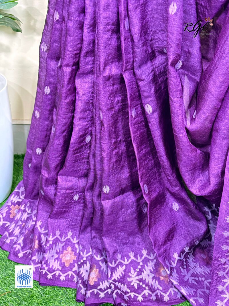 Purple Handloom Pure Gachi Tussar Jamdani Saree - Image 3