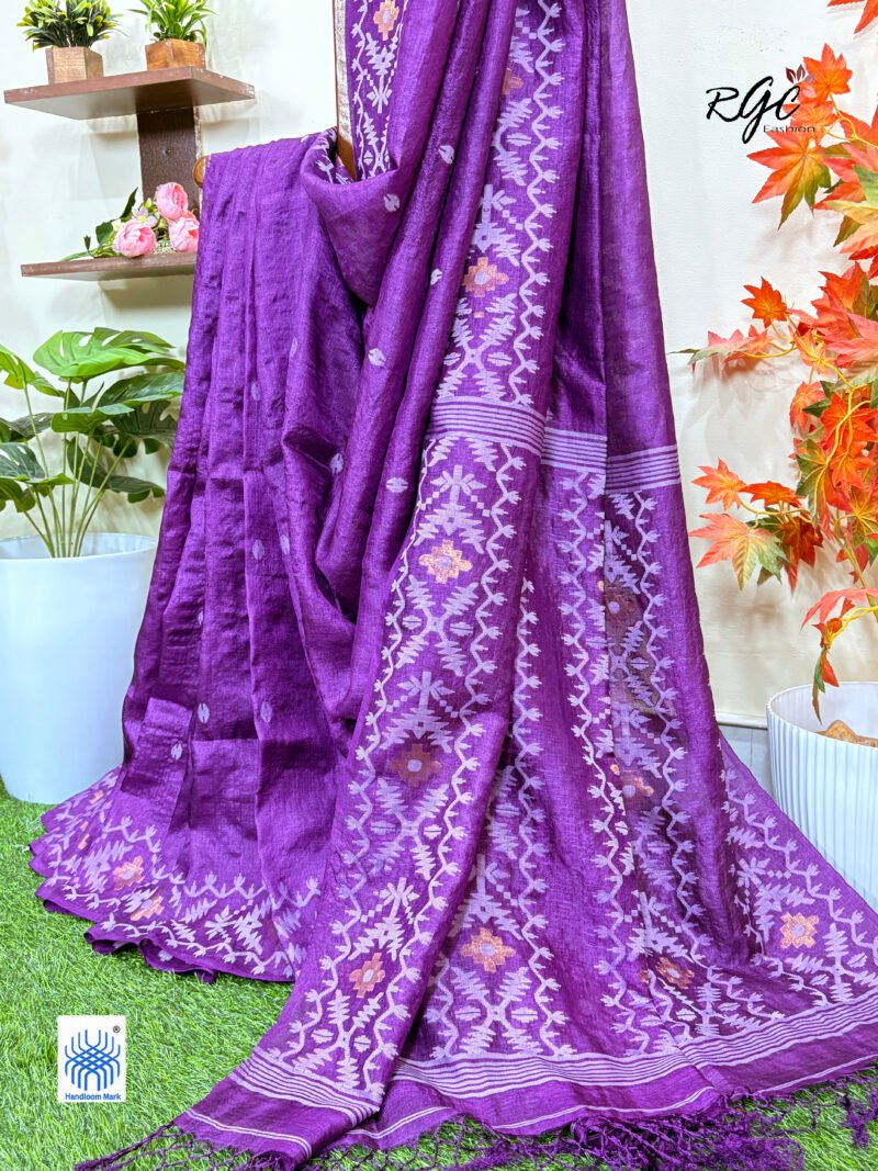 Purple Handloom Pure Gachi Tussar Jamdani Saree - Image 2
