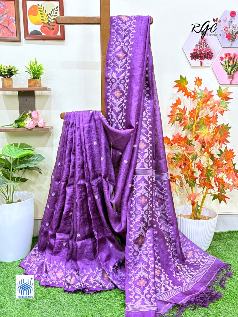 Purple Handloom Pure Gachi Tussar Jamdani Saree