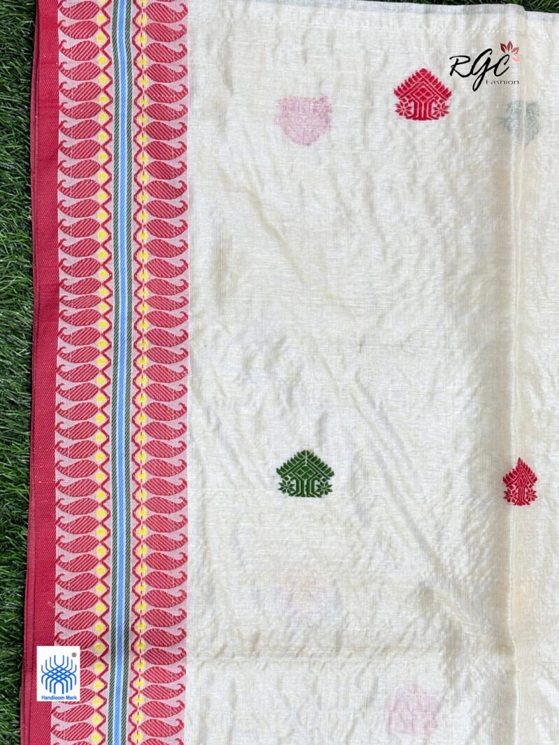 Off-White Pure Tussar Bengal Traditional Handloom Jamdani Saree - Image 9