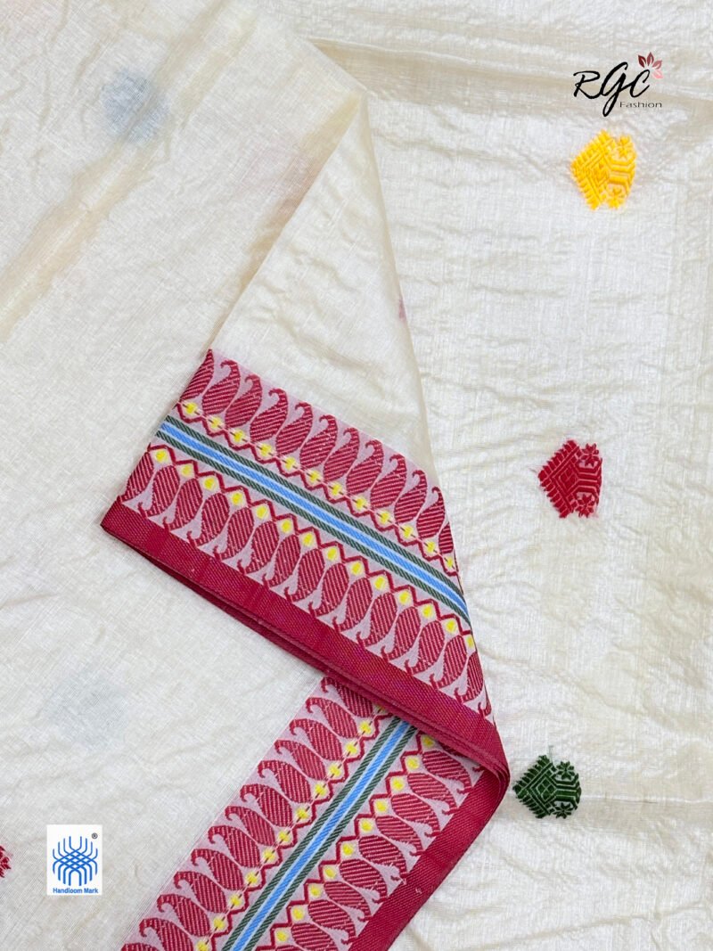 Off-White Pure Tussar Bengal Traditional Handloom Jamdani Saree - Image 8