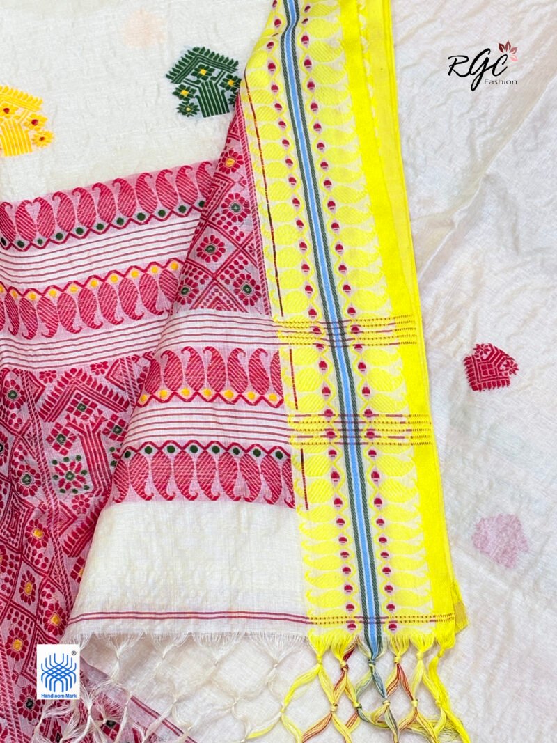 Off-White Pure Tussar Bengal Traditional Handloom Jamdani Saree - Image 7