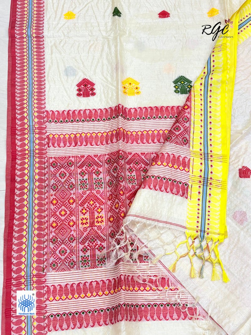 Off-White Pure Tussar Bengal Traditional Handloom Jamdani Saree - Image 6