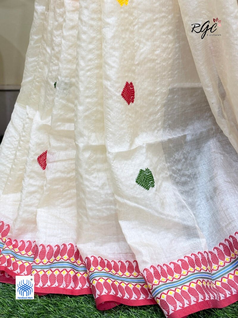 Off-White Pure Tussar Bengal Traditional Handloom Jamdani Saree - Image 3
