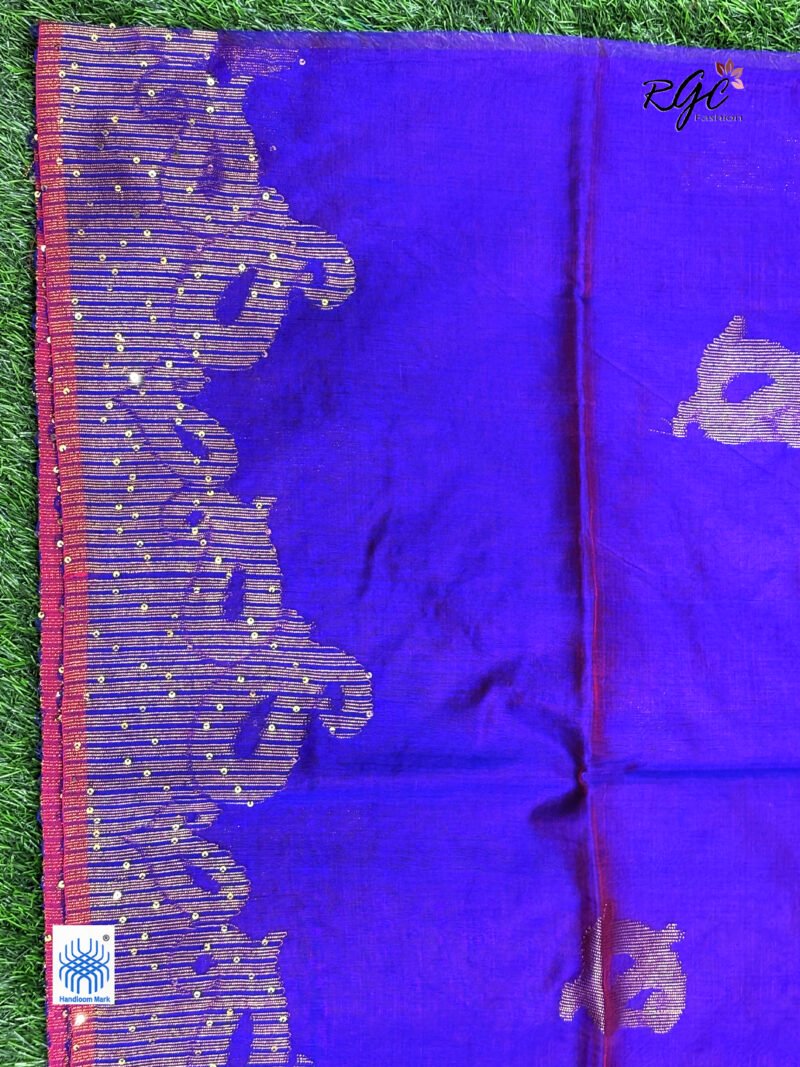 Purple Matka Muslin Silk Antique Zari Sequence Work Jamdani Saree - Image 10