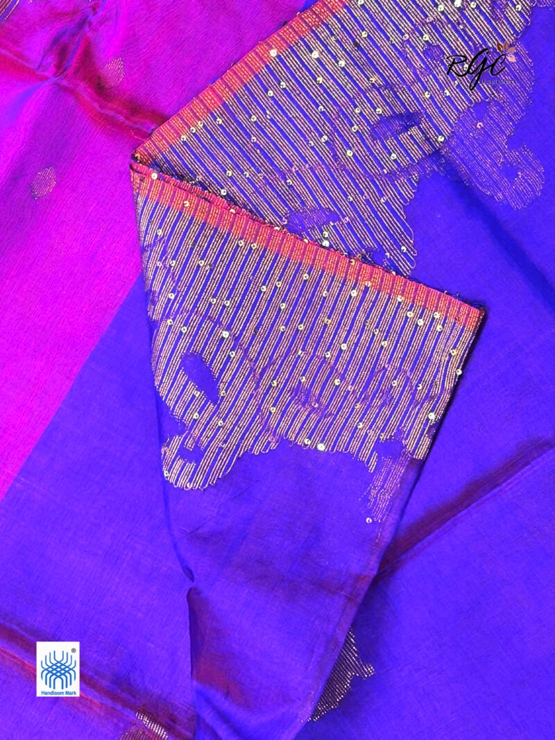 Purple Matka Muslin Silk Antique Zari Sequence Work Jamdani Saree - Image 9