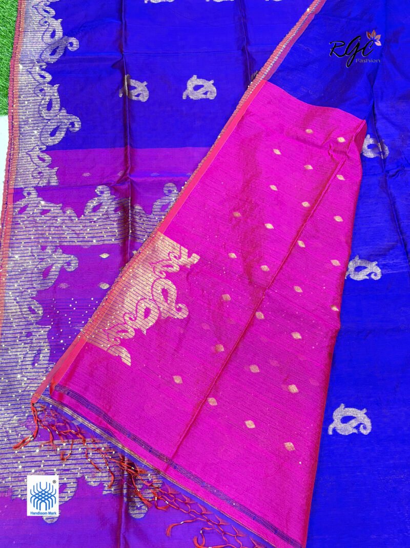 Purple Matka Muslin Silk Antique Zari Sequence Work Jamdani Saree - Image 7