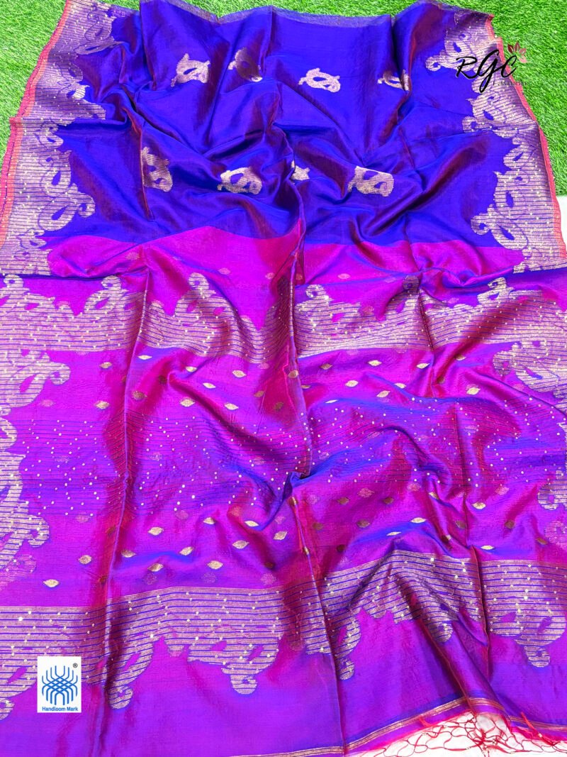 Purple Matka Muslin Silk Antique Zari Sequence Work Jamdani Saree - Image 6