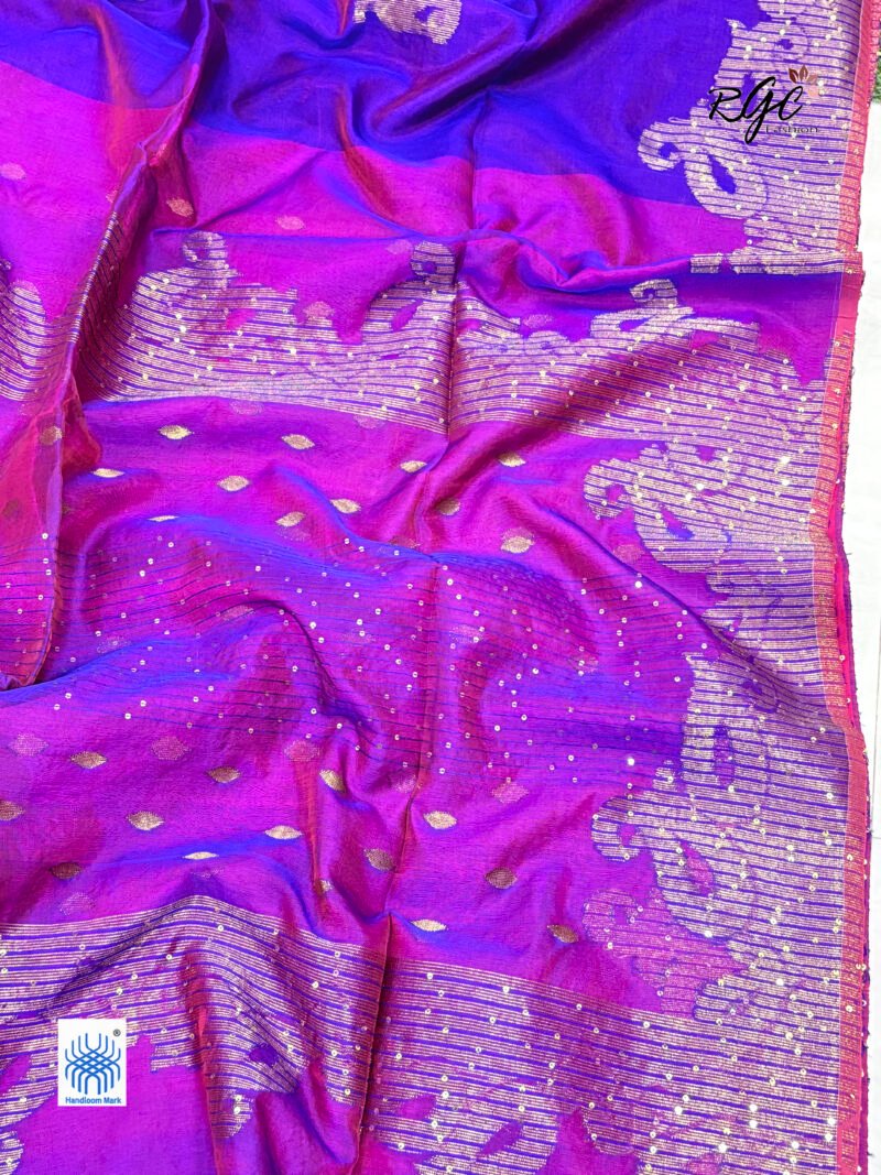 Purple Matka Muslin Silk Antique Zari Sequence Work Jamdani Saree - Image 5