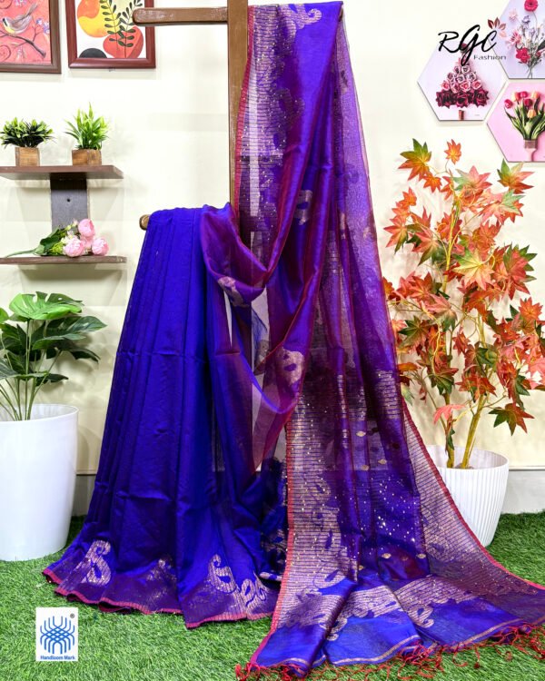 Purple Matka Muslin Silk Antique Zari Sequence Work Jamdani Saree