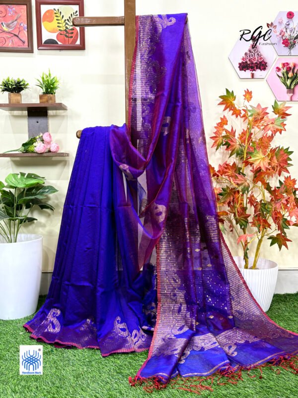 Purple Matka Muslin Silk Antique Zari Sequence Work Jamdani Saree