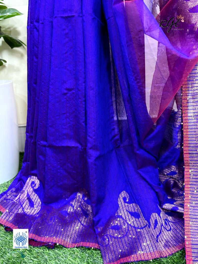 Purple Matka Muslin Silk Antique Zari Sequence Work Jamdani Saree - Image 3