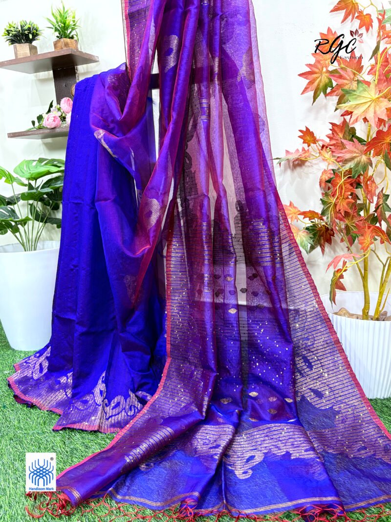 Purple Matka Muslin Silk Antique Zari Sequence Work Jamdani Saree - Image 2