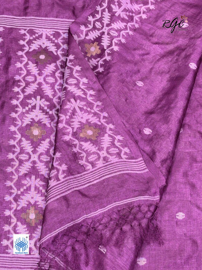 Onion Pure Gachi Tussar Handloom Jamdani Saree - Image 7