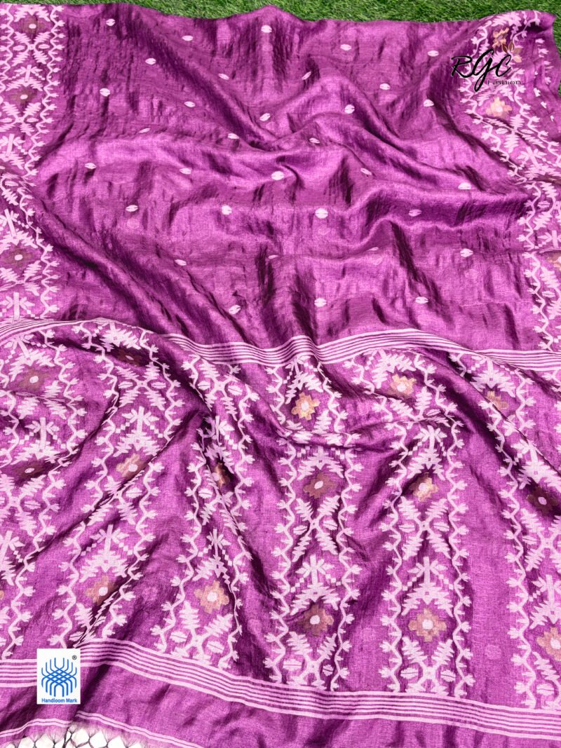 Onion Pure Gachi Tussar Handloom Jamdani Saree - Image 5