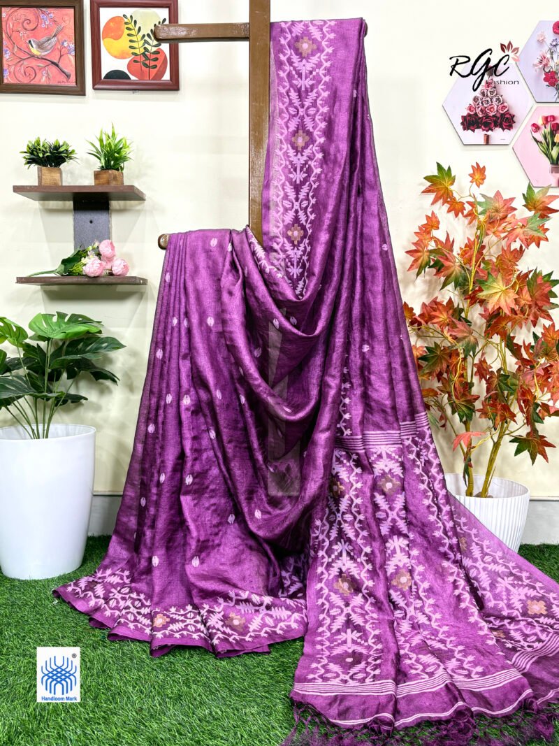 Onion Pure Gachi Tussar Handloom Jamdani Saree