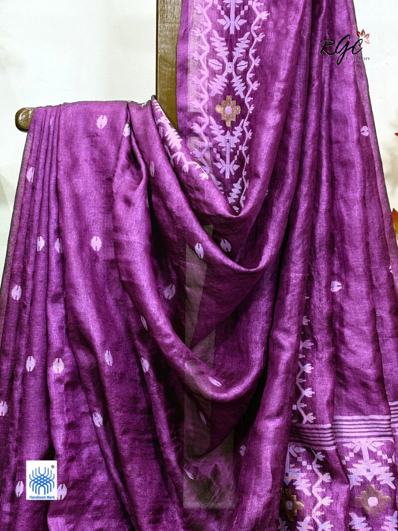 Onion Pure Gachi Tussar Handloom Jamdani Saree - Image 4