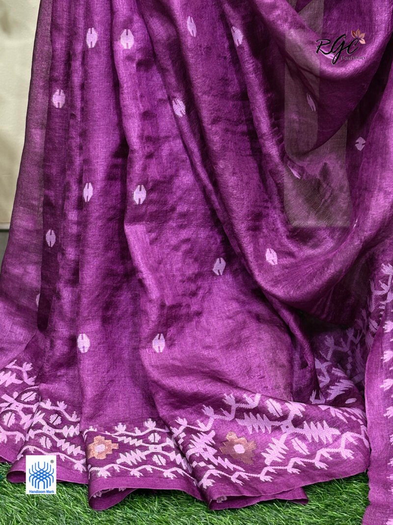 Onion Pure Gachi Tussar Handloom Jamdani Saree - Image 3