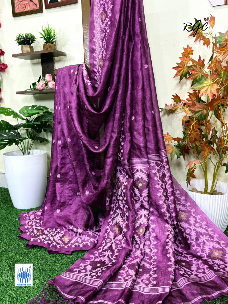 Onion Pure Gachi Tussar Handloom Jamdani Saree - Image 2