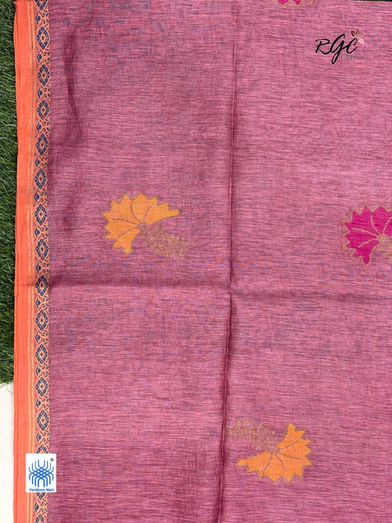 Rose Pink Silk Linen Handloom Jamdani Saree - Image 8