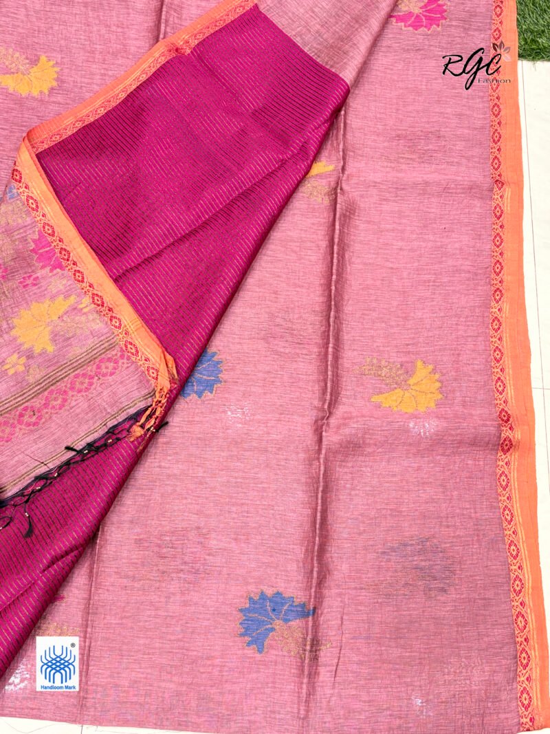 Rose Pink Silk Linen Handloom Jamdani Saree - Image 6