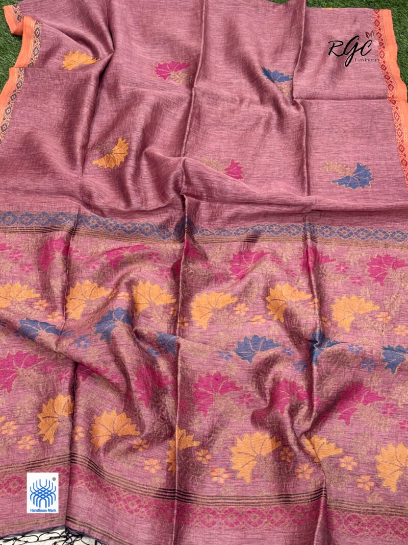 Rose Pink Silk Linen Handloom Jamdani Saree - Image 5