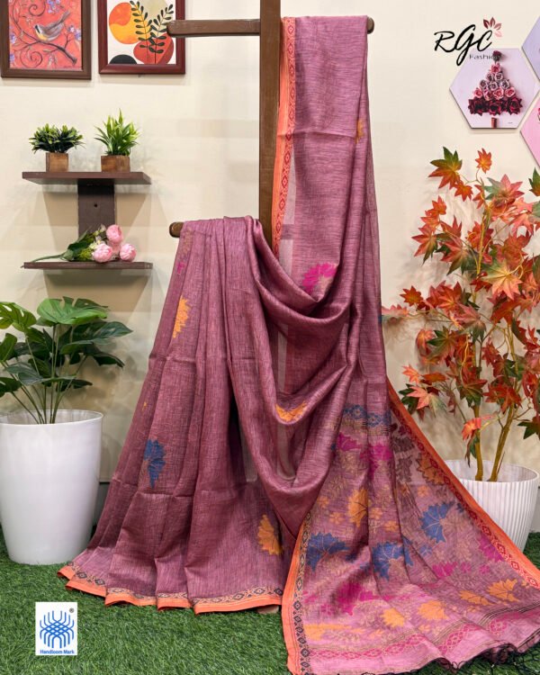 Rose Pink Silk Linen Handloom Jamdani Saree