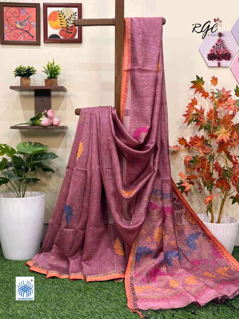 Rose Pink Silk Linen Handloom Jamdani Saree