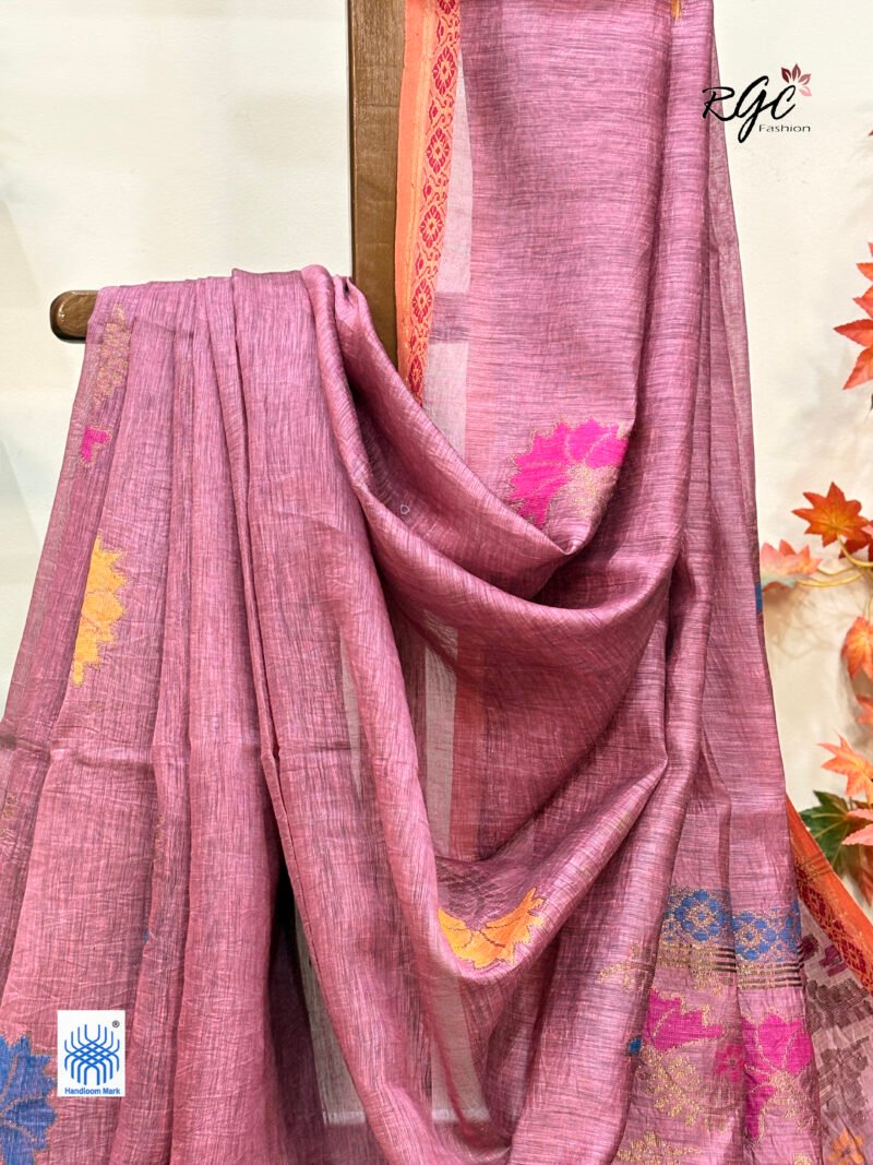 Rose Pink Silk Linen Handloom Jamdani Saree - Image 4