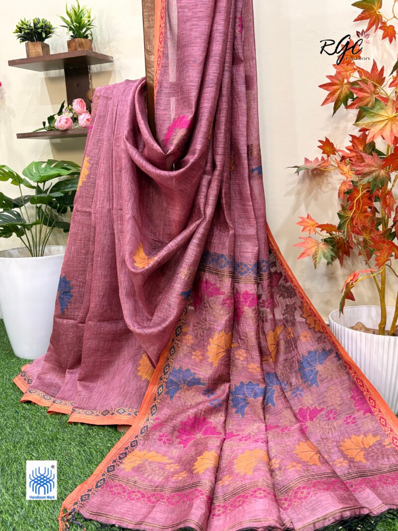 Rose Pink Silk Linen Handloom Jamdani Saree - Image 3
