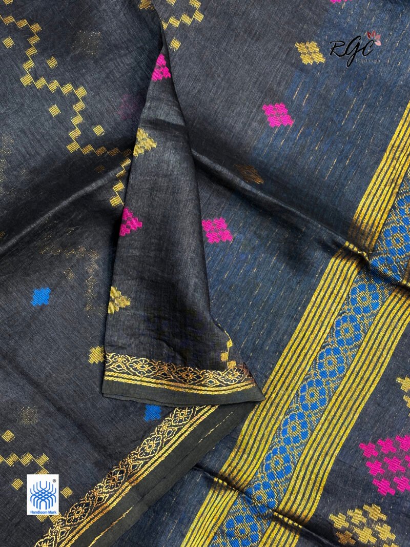Black Silk Linen Handloom Jamdani Saree - Image 3