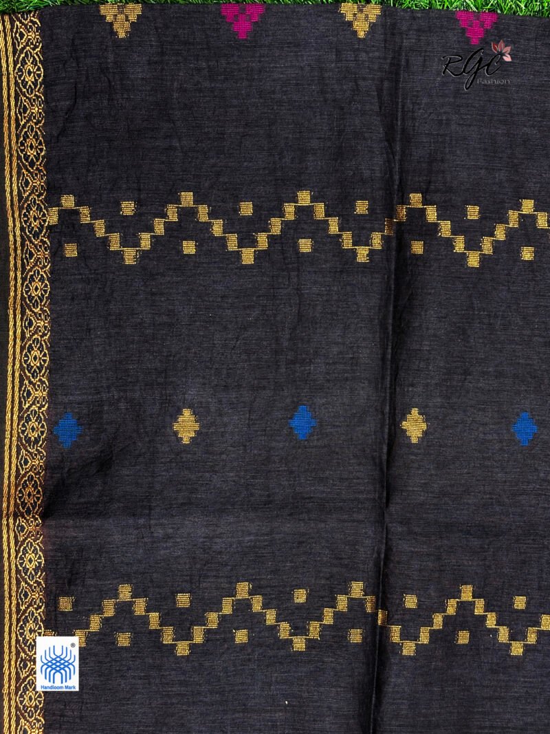 Black Silk Linen Handloom Jamdani Saree - Image 4