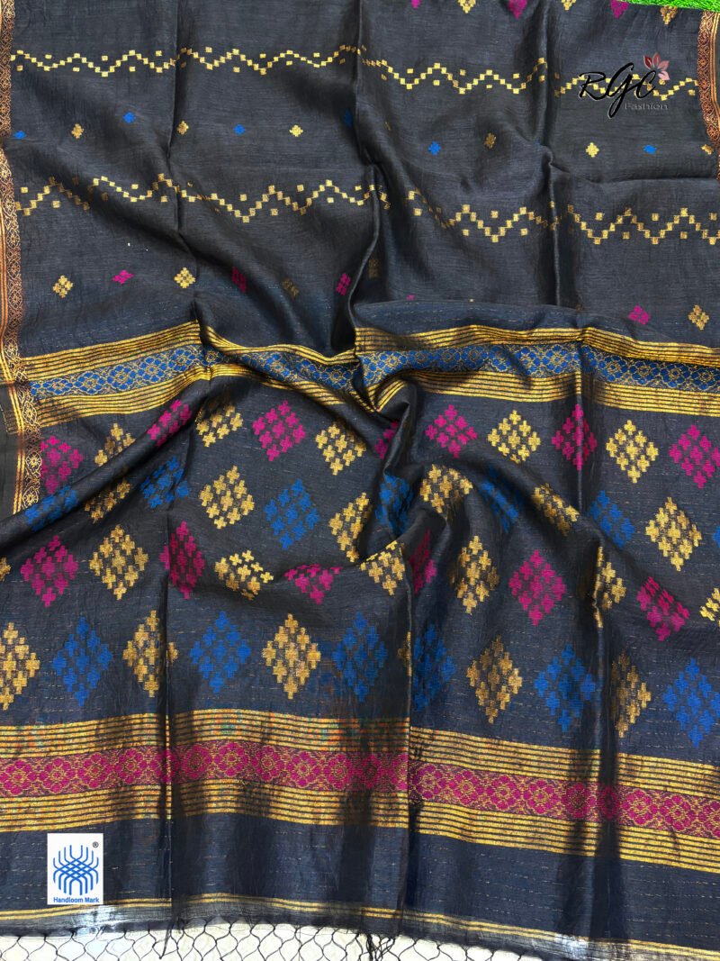Black Silk Linen Handloom Jamdani Saree - Image 5