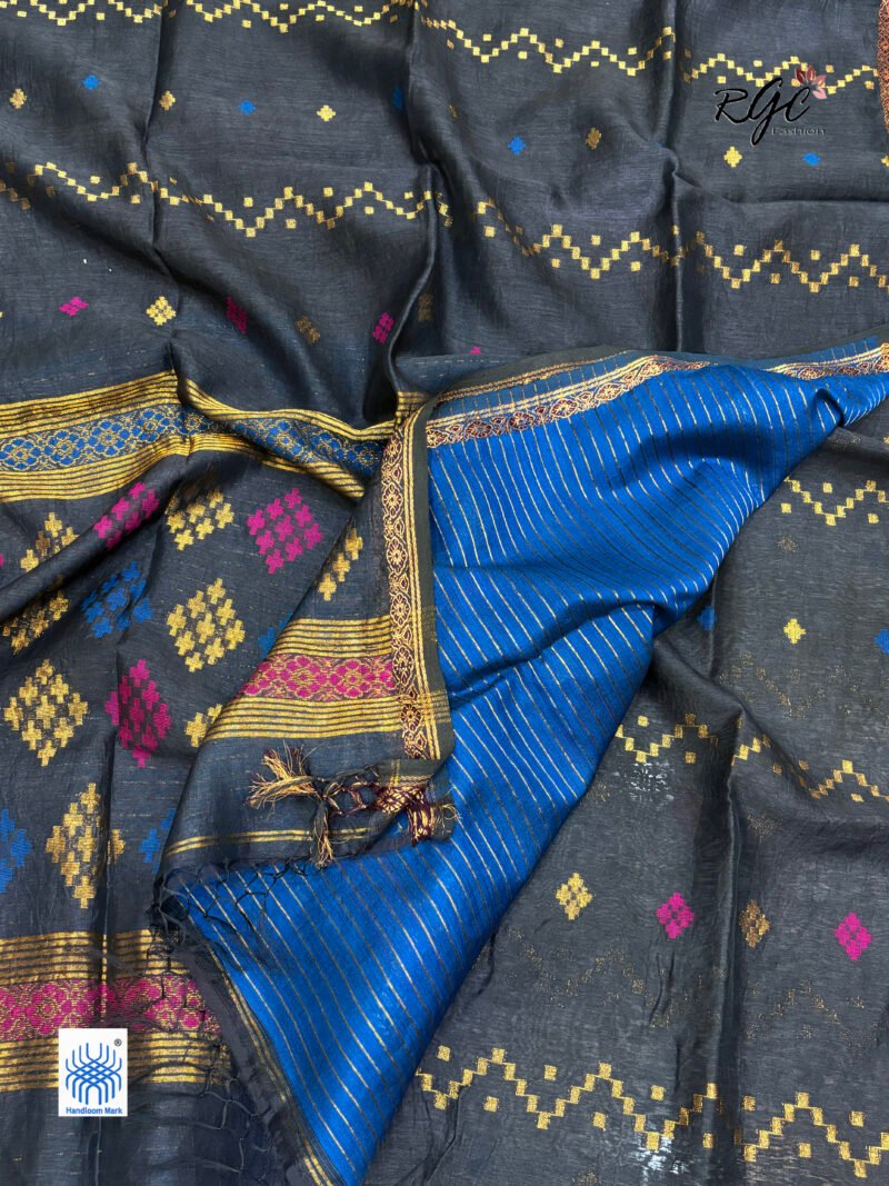 Black Silk Linen Handloom Jamdani Saree - Image 6