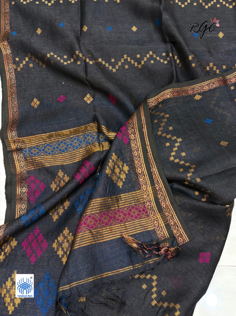 Black Silk Linen Handloom Jamdani Saree - Image 7
