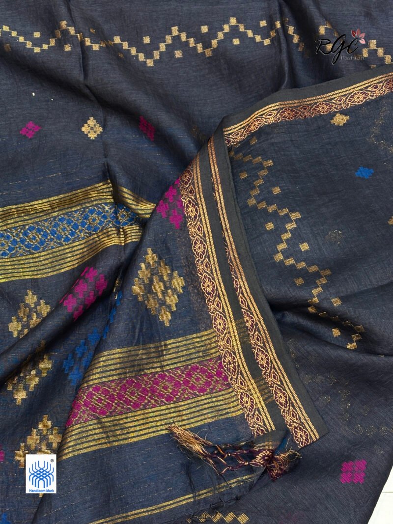 Black Silk Linen Handloom Jamdani Saree - Image 10